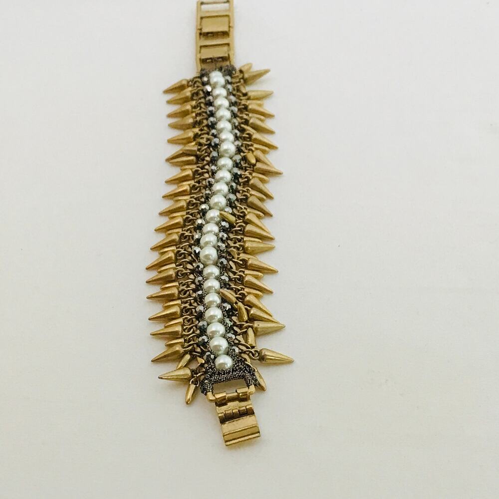Stella & Dot Jacinthe Gold Tone Pearl Crystal Spike Statement Bracelet